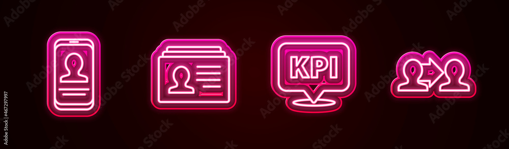 Set line Mobile with resume, Resume, Key performance indicator and Project team base. Glowing neon icon. Vector Set line Mobile with resume, Resume, Key performance indicator and Project team base. Glowing neon icon. Vector