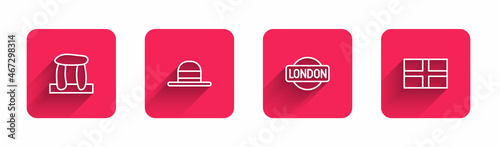 Set line Stonehenge, Elegant women hat, London sign and Flag of England with long shadow. Red square button. Vector