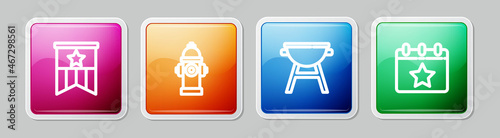 Set line American flag, Fire hydrant, Barbecue grill and Calendar with date July 4. Colorful square button. Vector