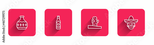 Set line Tequila bottle, Tabasco sauce, Cactus and Mexican man sombrero with long shadow. Red square button. Vector