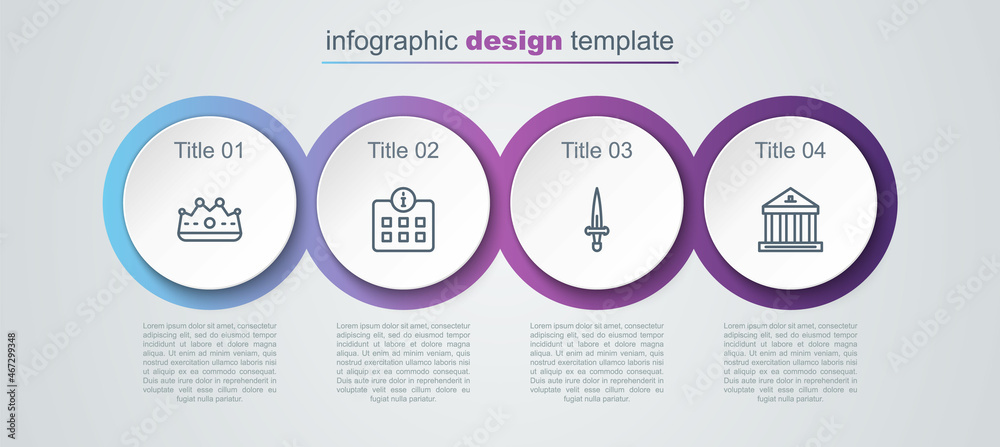 Set line King crown, Information, Dagger and Museum building. Business infographic template. Vector