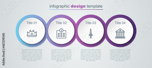 Set line King crown, Information, Dagger and Museum building. Business infographic template. Vector