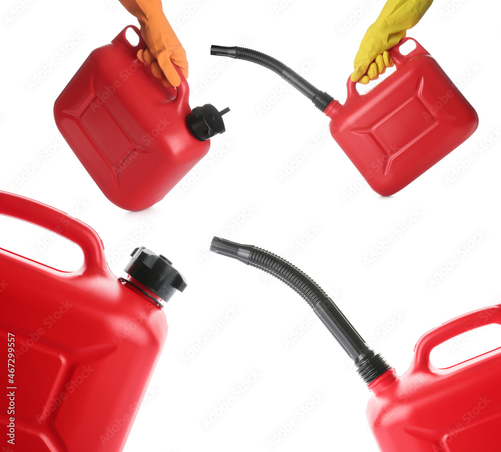 Set of plastic jerrycan with nozzle on white background Set of plastic jerrycan with nozzle on white background