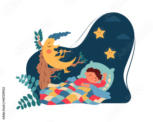 Vector illustration, child sleeping under blanket - boy next to whom crescent moon sits on tree branch and plays the flute. Restful sleep concept, children's dreams, fairy tale illustration.