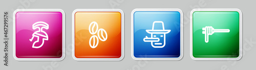 Set line Roman army helmet, Coffee beans, Pinocchio and Pasta spaghetti. Colorful square button. Vector