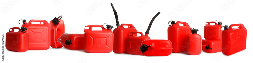 Fototapeta premium Set of plastic jerrycans on white background