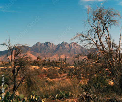 Four Peaks mountains in the desert in Arizona photographed against a blue sky..