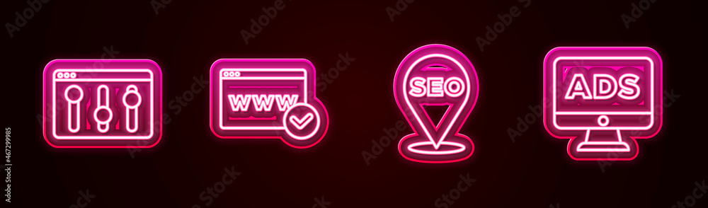 Set line Browser setting, Website template, SEO optimization and Advertising. Glowing neon icon. Vector Set line Browser setting, Website template, SEO optimization and Advertising. Glowing neon icon. Vector