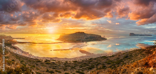 Landscape with Balos Lagoon beach and Gramvousa island at sunset on Crete, Greece photo