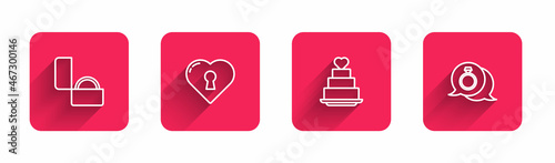 Set line Diamond engagement ring, Heart with keyhole, Wedding cake heart and with long shadow. Red square button. Vector