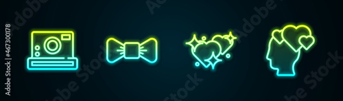 Set line Photo camera, Bow tie, Two Linked Hearts and Head with heart. Glowing neon icon. Vector