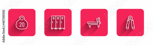 Set line Kettlebell, Locker or changing room, Bench with barbel and Sport expander with long shadow. Red square button. Vector