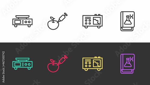 Set line Electronic scales, Genetically modified apple, Spectrometer and engineering book on black and white. Vector
