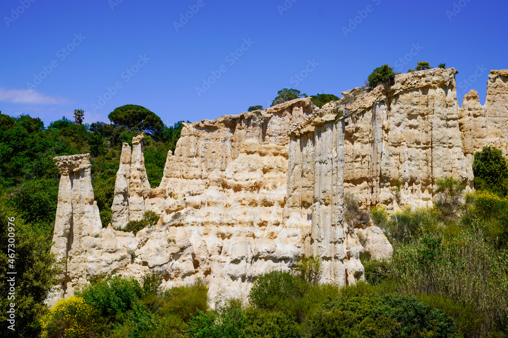 Ille sur tet Les Orgues in languedoc france with natural stone limestone chimneys stone formation in french south