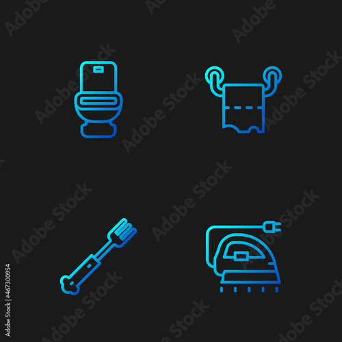 Set line Electric iron, Fork, Toilet bowl and paper roll. Gradient color icons. Vector