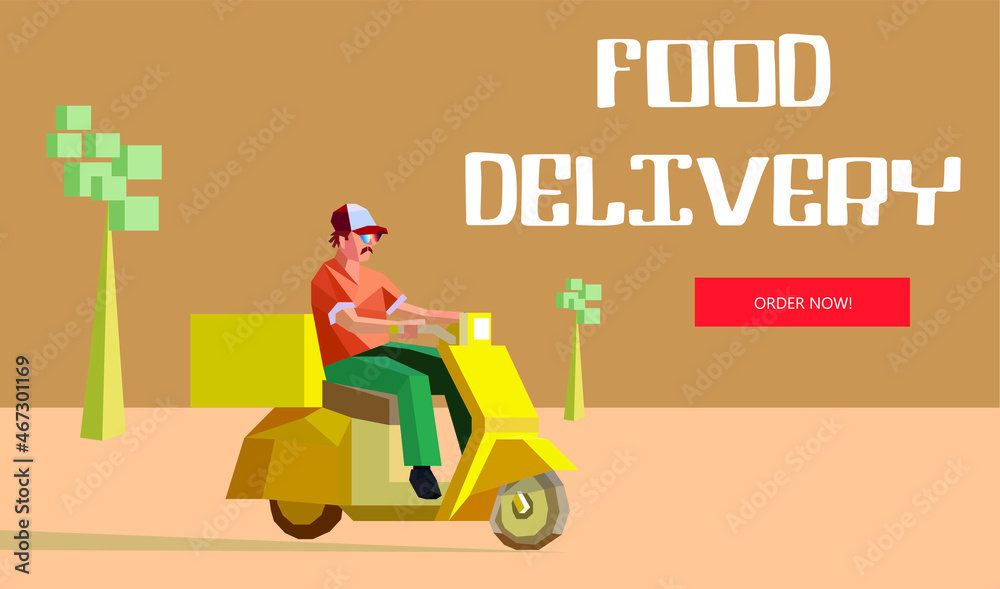 low polygonal vector illustration of a delivery boy on yellow scooter. Internet advertisement mock-up. Copy space with UI button. Food delivery mobile application concept.
