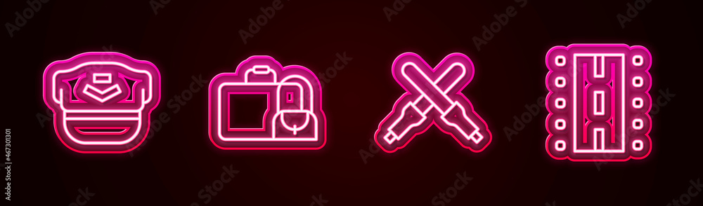 Set line Pilot hat, Suitcase, Marshalling wands and Airport runway. Glowing neon icon. Vector Set line Pilot hat, Suitcase, Marshalling wands and Airport runway. Glowing neon icon. Vector