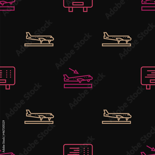 Set line Airport board, Plane and landing on seamless pattern. Vector