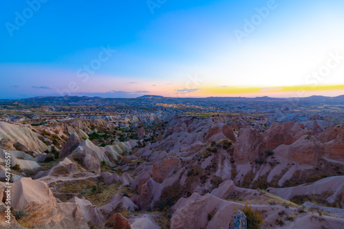 Kizilcukur Valley and Goreme on the background in Cappadocia at Dusk