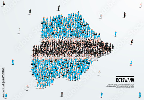 Botswana Map and Flag. A large group of people in the Botswana flag color form to create the map. Vector Illustration.