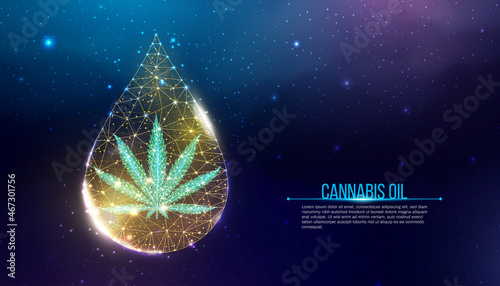 Cannabis oil concept. Low poly hemp in oil drop. Marijuana leaf wireframe light connection structure, polygonal graphic. Vector illustration.