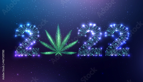Happy new year 2022 greeting card with cannabis.