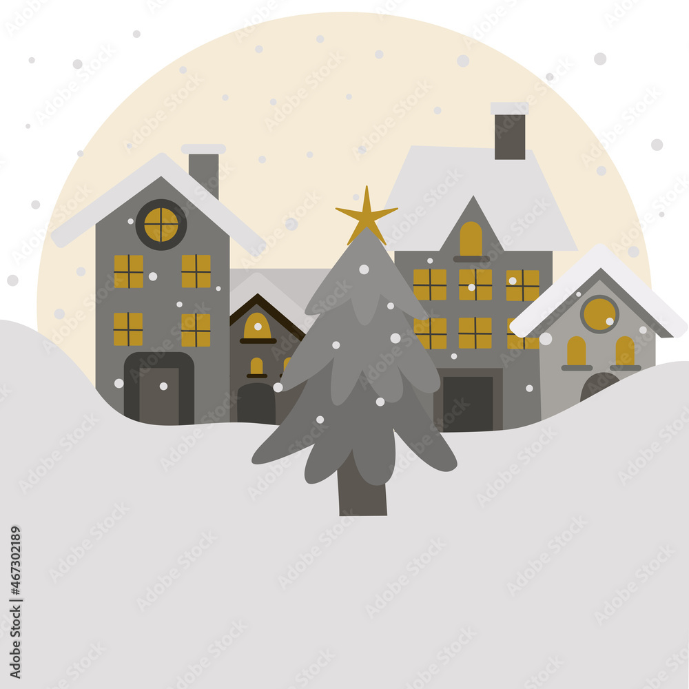 Winter simple landscape. Snowy christmas panorama with cute city buildings, falling snow and christmas tree. Vector illustration.