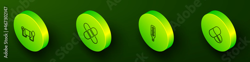 Set Isometric line Blood pressure, Crossed bandage plaster, Medical thermometer and Medicine pill or tablet icon. Vector