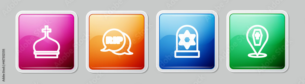 Set line Church tower, Speech bubble rip death, Grave with star of david and Coffin cross. Colorful square button. Vector Set line Church tower, Speech bubble rip death, Grave with star of david and Coffin cross. Colorful square button. Vector