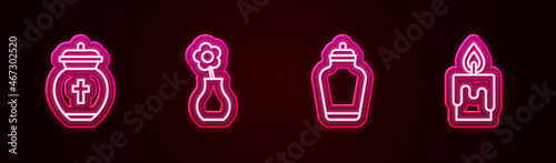 Set line Funeral urn, Flower in vase, and Burning candle. Glowing neon icon. Vector