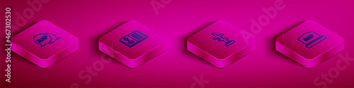 Set Isometric line Speech bubble rip death, Holy bible book, Grave with cross and Tombstone RIP written icon. Vector