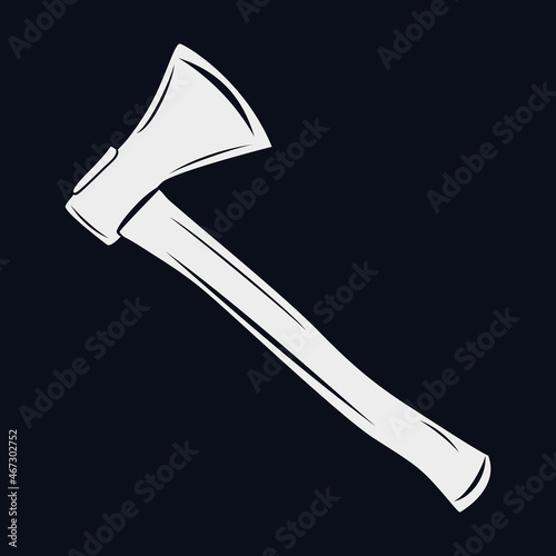 White axe silhouette isolated on black background. Ax icon. Lumberjack hatchet sign. Chisel symbol. Forester ax in a simple flat style.Camping, chopping, cutter or woodworking tool.Vector illustration photo