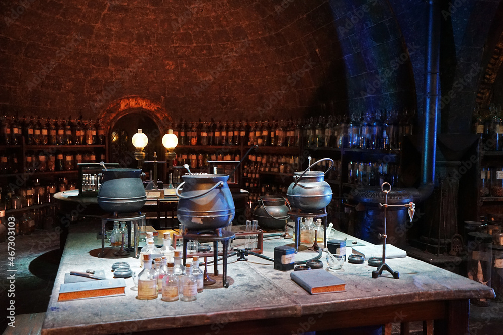 Fototapeta premium Interior design and decoration at Snape's potion classroon at the warner bros studio tour London- The making of Harry Potter, United Kingdom