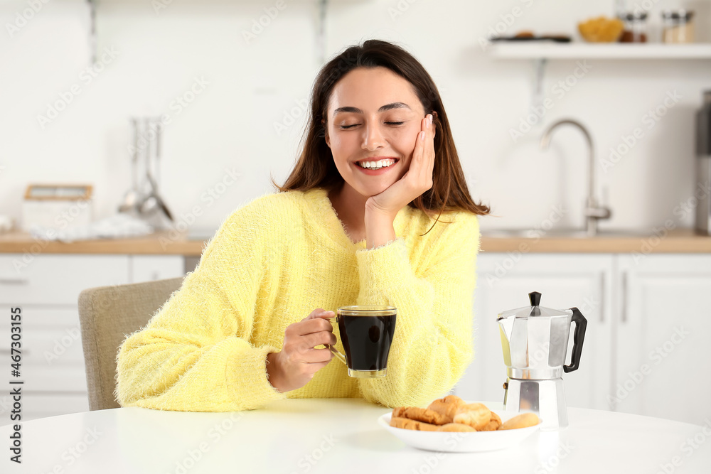 Morning of beautiful woman drinking coffee at home Morning of beautiful woman drinking coffee at home