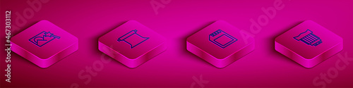 Set Isometric line Photo retouching, Empty photo studio, SD card and Camera lens icon. Vector