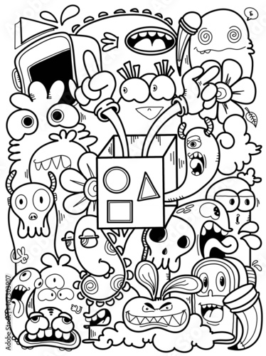 Hand- drawm illustrations, monsters doodle, Cartoon crownd doodle handdrawn pattern, Doodle style.