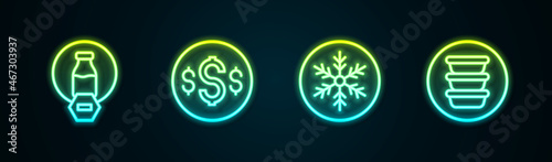 Set line Lactose free, Dollar symbol, Snowflake and Bowl. Glowing neon icon. Vector
