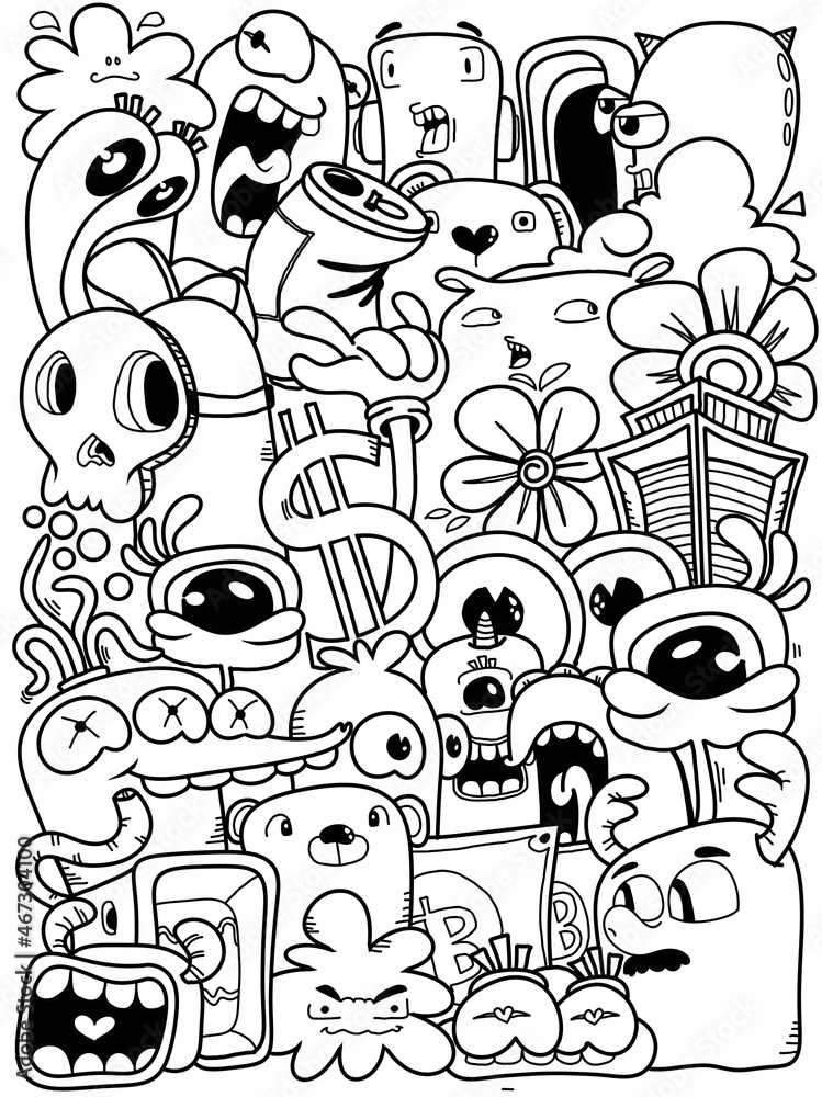 Hand- drawm illustrations, monsters doodle, Cartoon crownd doodle handdrawn pattern, Doodle style. Hand- drawm illustrations, monsters doodle, Cartoon crownd doodle handdrawn pattern, Doodle style.