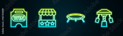 Set line Circus ticket, Ticket box office, Jumping trampoline and Attraction carousel. Glowing neon icon. Vector