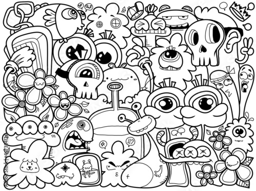 Hand- drawm illustrations  monsters doodle  Cartoon crownd doodle handdrawn pattern  Doodle style.