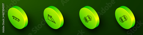 Set Isometric line Skateboard stairs with rail, park, Longboard or skateboard and icon. Vector