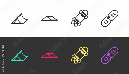 Set line Skate park, , Longboard or skateboard and Broken deck on black and white. Vector