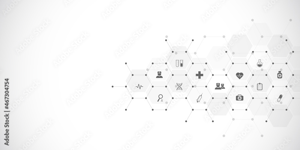 Illustration of medical background and healthcare technology with flat icons and symbols. Design template of concept and idea for health care business, innovation medicine, health safety, science