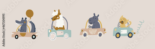 Vector set with cute animals riding the car in colorful flat cartoon style. Doodle animals drivers set. crocodile, llama, alpaca, hippo, cat in transport isolated