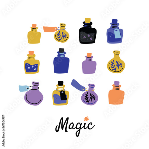 Vector set with colorful magic cartoon bottles and love potions. Vector illustration. Magic elixir hand drawn collection isolated on white. Scandinavian style magician square banner, poster