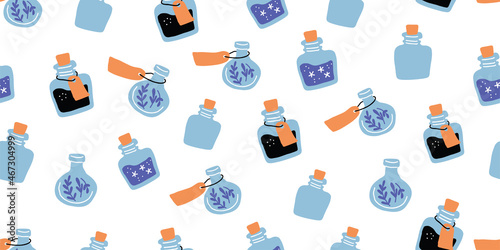 Seamless pattern with colorful magic cartoon bottles and love potions. Vector illustration. Magic elixir hand drawn pattern design in eclectic blue. Scandinavian style magician pattern