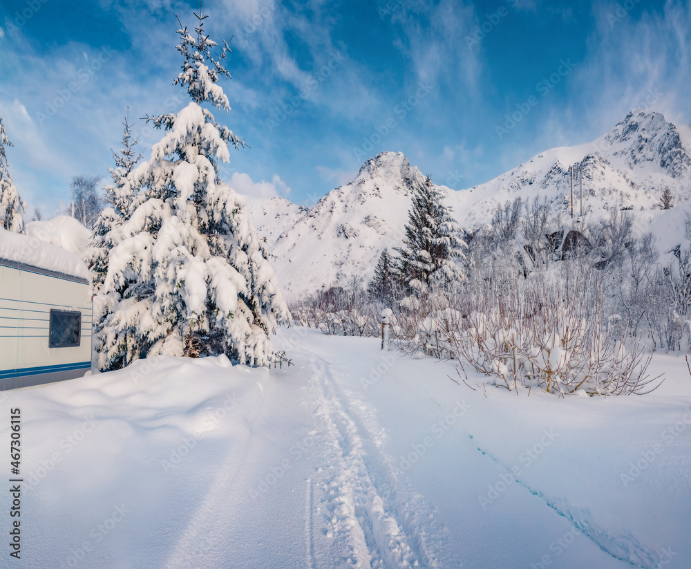 Picturesque winter scene of Lofoten Island. Cold morning in Norway, Europe. Snowy landscape of mountain valley. Traveling concept background.  Life over polar circle.