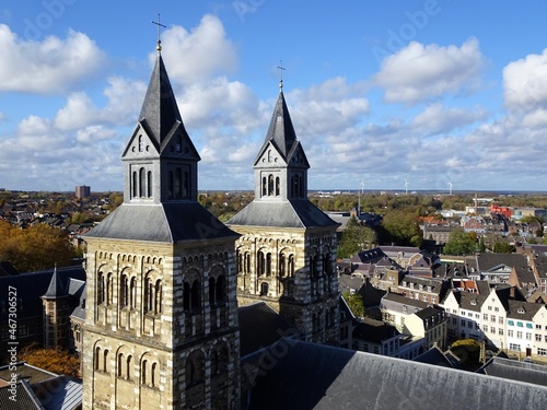 Maastricht,Netherlands,11-1-2021, top view of 2 towers of Saint Servatius Basilica in Maastricht, Netherlands. photo