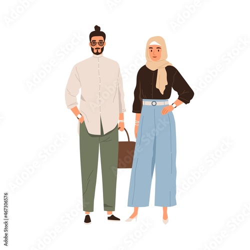 Modern Arab man and woman in fashion clothes. Muslim couple portrait wearing hijab and pants. Arabian male and female in trendy outfits. Colored flat vector illustration isolated on white background