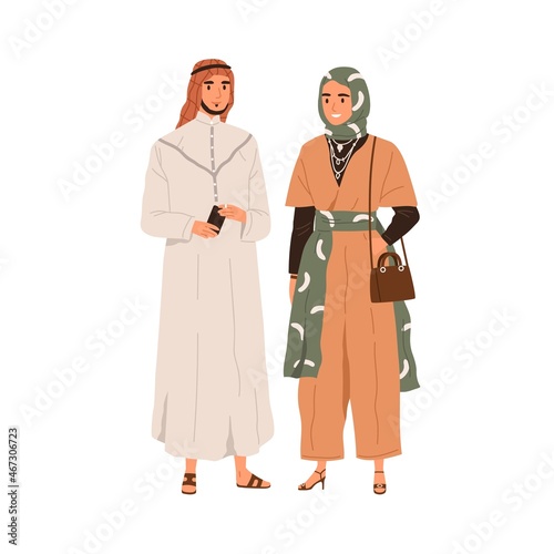 Arab man and woman in modern fashion clothes. Muslim couple portrait wearing hijab, tunic and male headwear. Arabian people in trendy outfits. Flat vector illustration isolated on white background